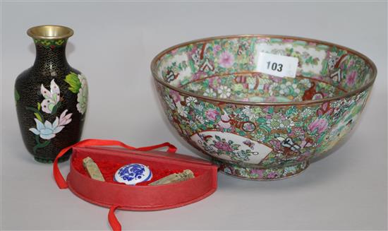 A Cantonese bowl, a boxed seal set and a cloisonne vase